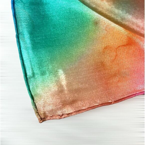 Silk Square Scarf by Lotus Watercolor Tie Dye 35" Blue Orange Green Hand Rolled - Picture 9 of 11